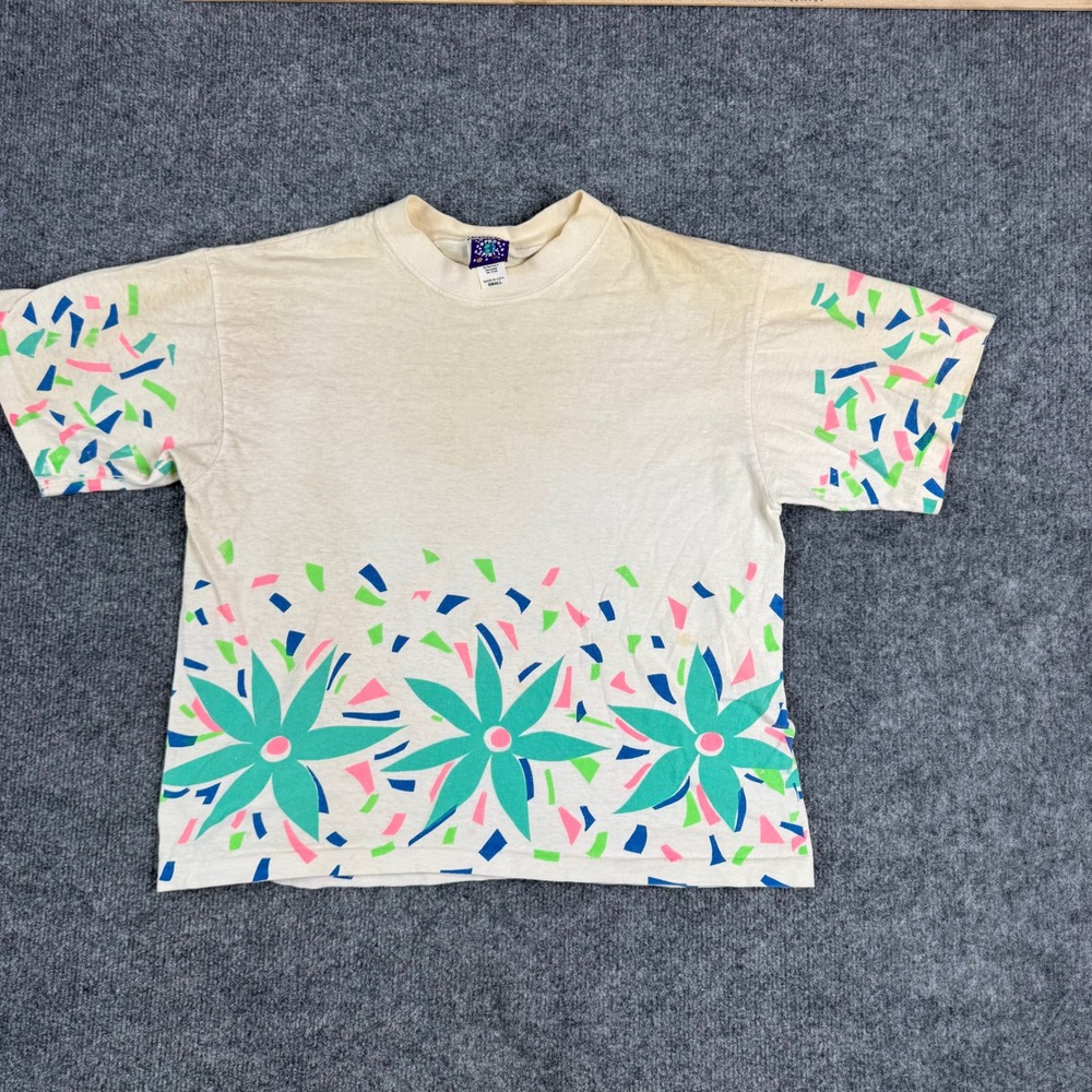 Pro Spirit T-Shirt Womens Size Small Cream Neon Floral Confetti Cotton USA Made